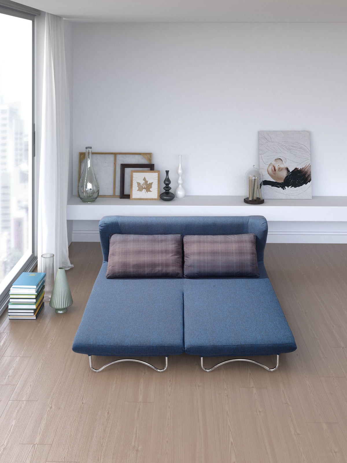 Chester Sofa Sleeper Cowboy Blue Body & Shadow Grid Cushion