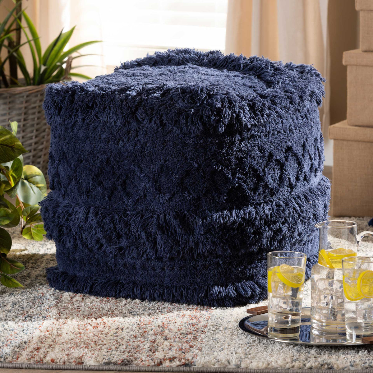 Cutler Handwoven Cotton Pouf Navy