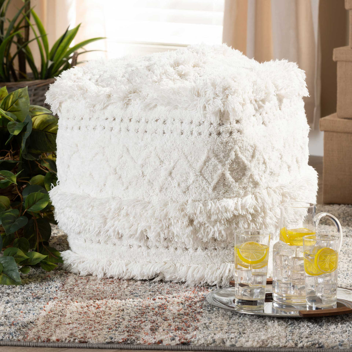 Cutler Handwoven Cotton Pouf Ivory