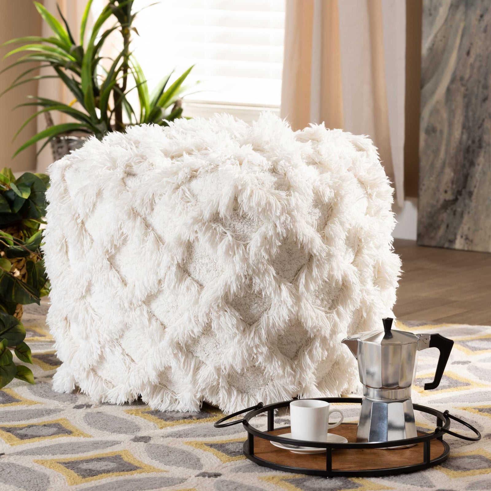 Ashley Handwoven Cotton Fringe Pouf Ivory