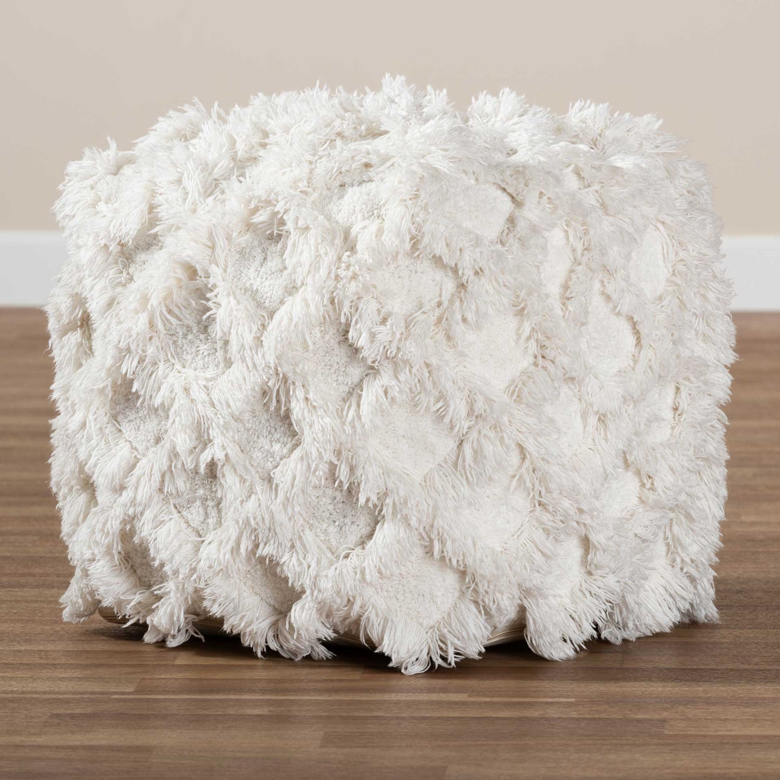 Ashley Handwoven Cotton Fringe Pouf Ivory