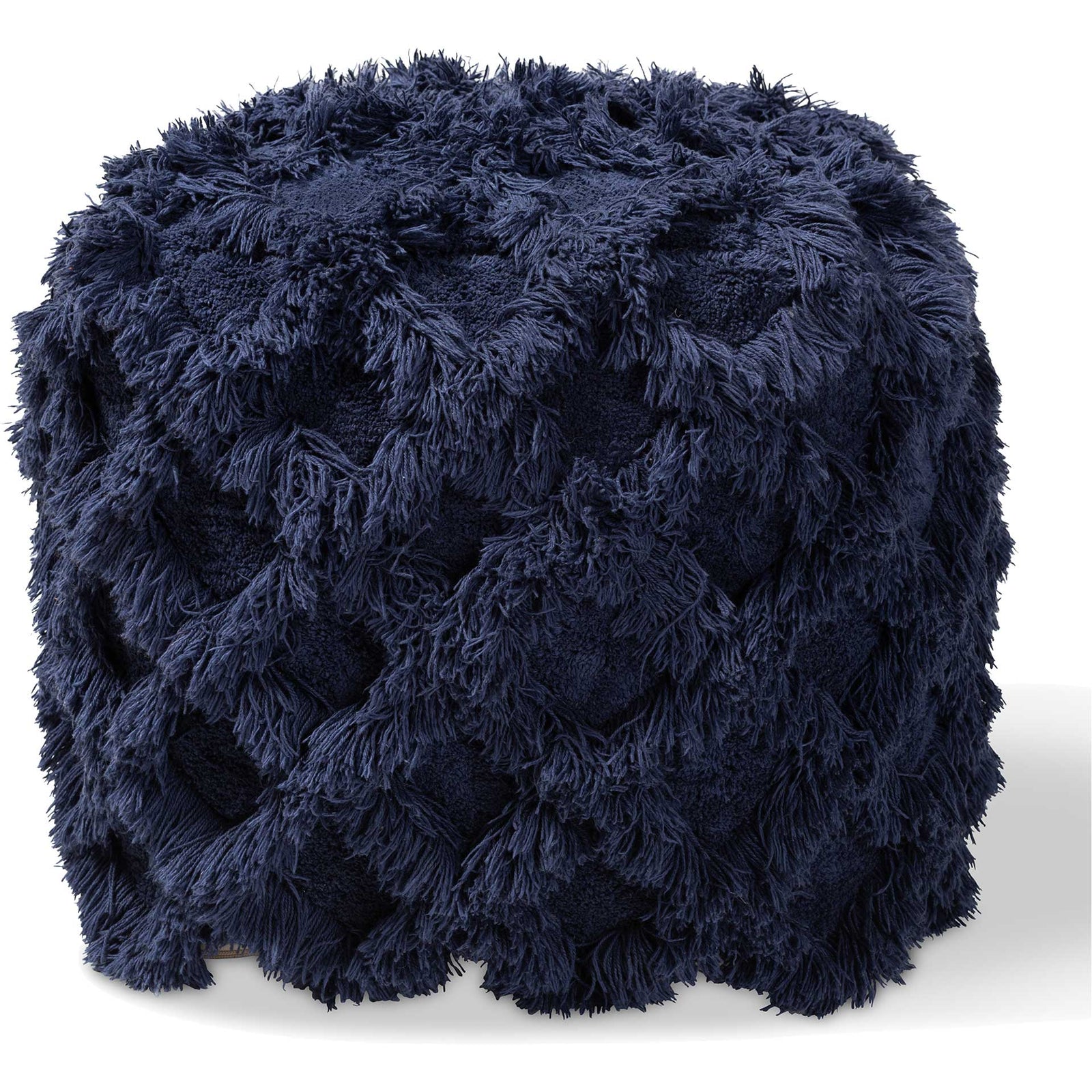Ashley Handwoven Cotton Fringe Pouf Navy