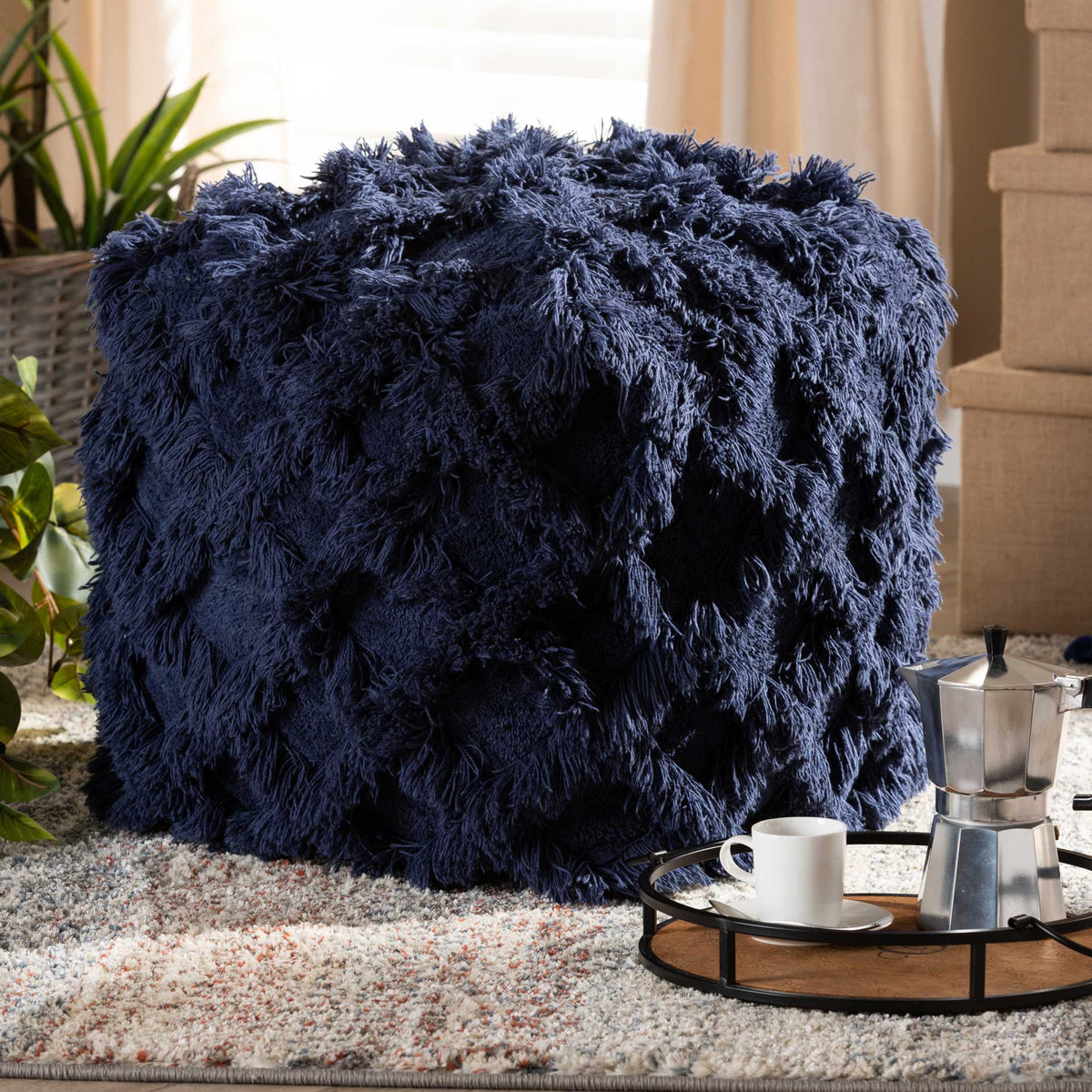 Ashley Handwoven Cotton Fringe Pouf Navy