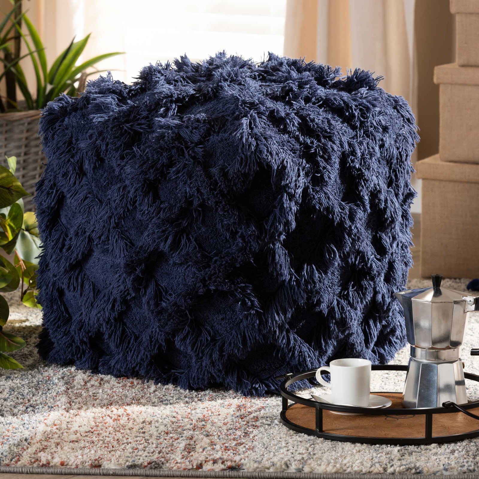 Ashley Handwoven Cotton Fringe Pouf Navy