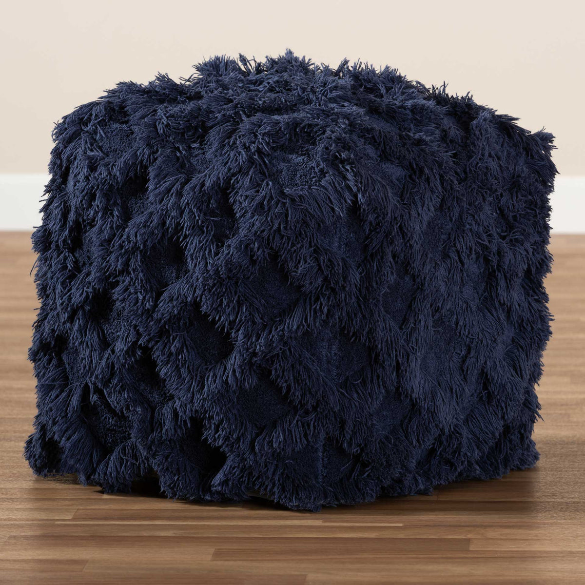 Ashley Handwoven Cotton Fringe Pouf Navy