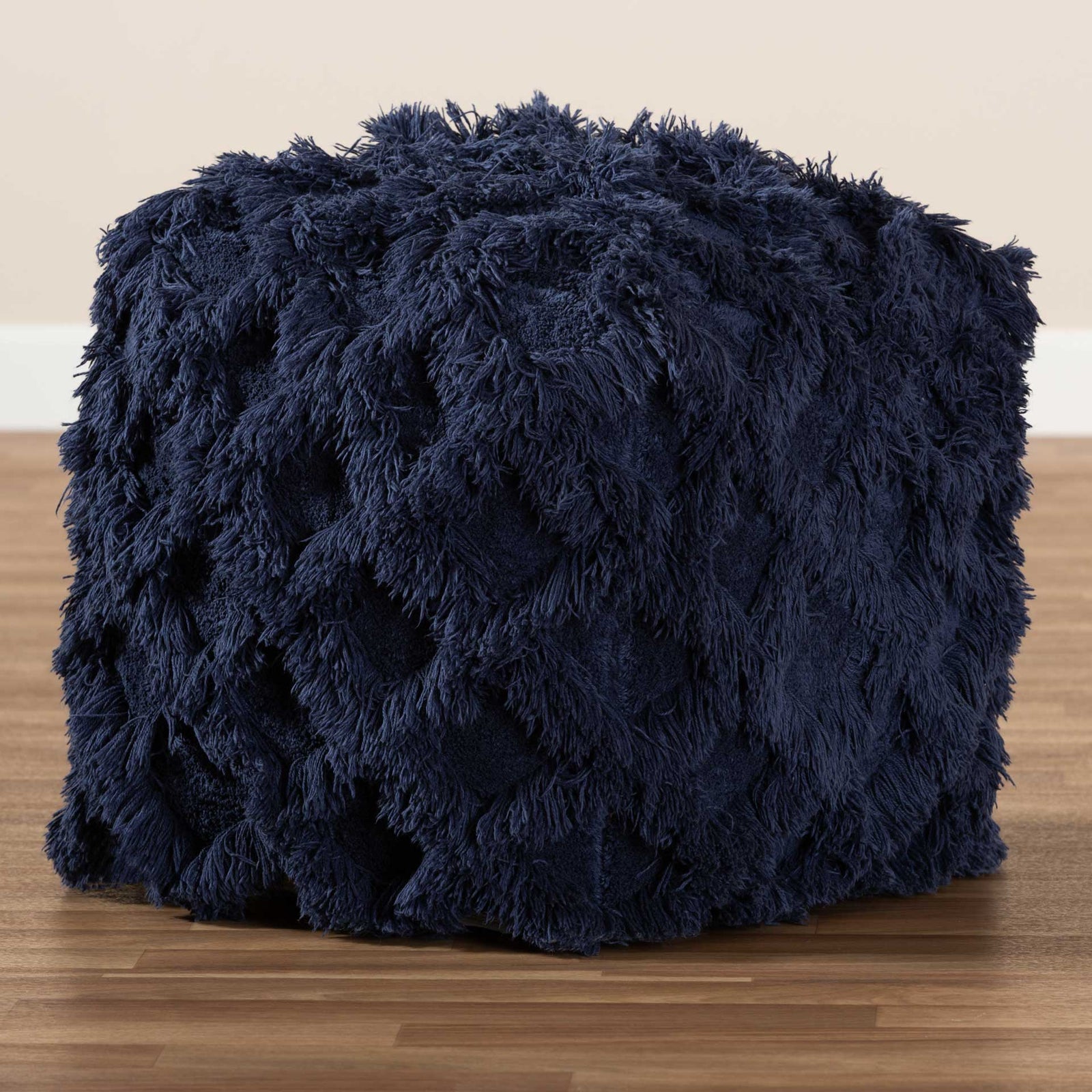 Ashley Handwoven Cotton Fringe Pouf Navy