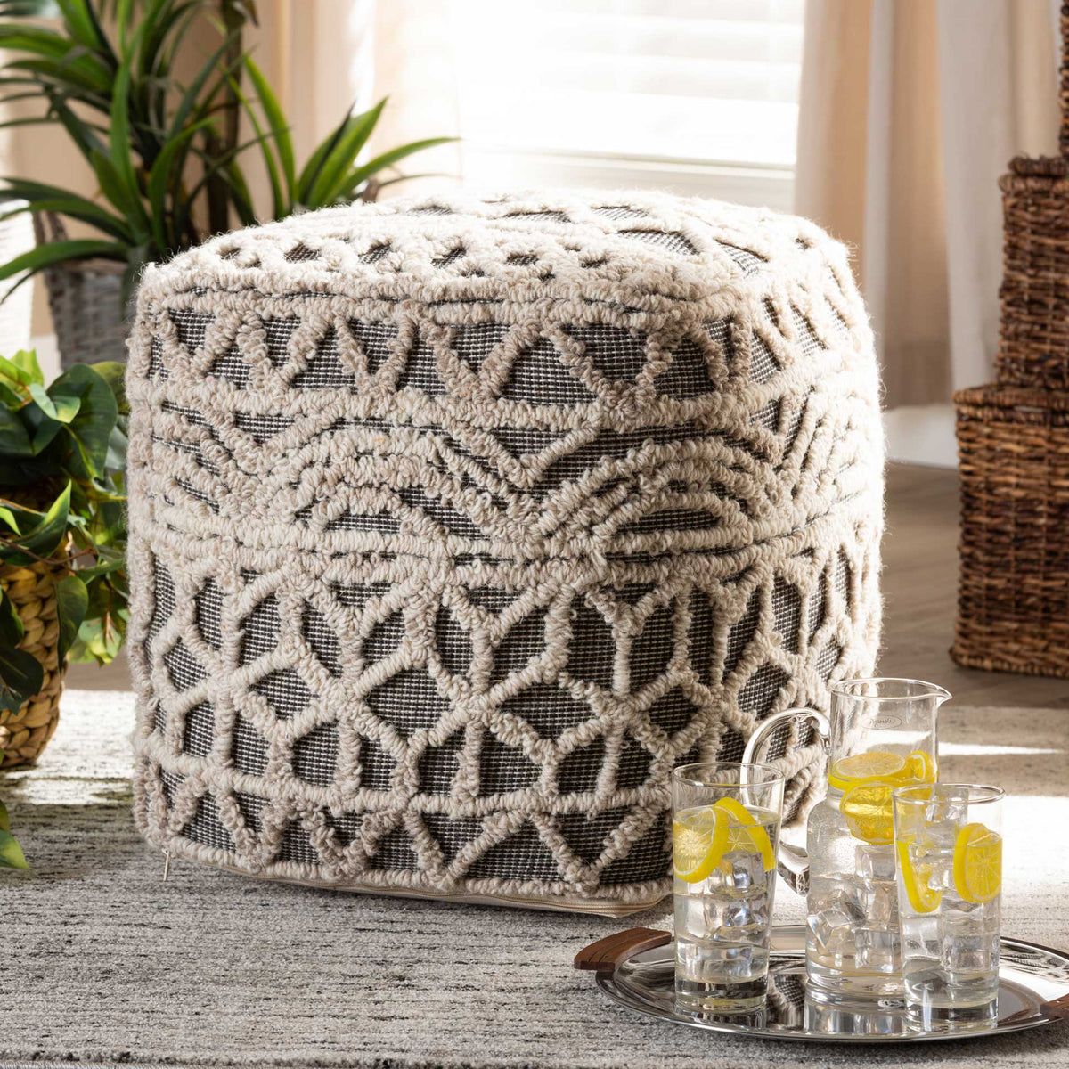 Ava Handwoven Cotton Pouf Beige/Brown