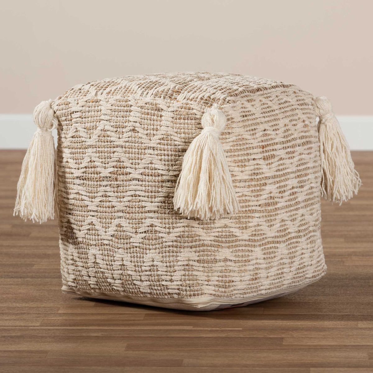 Noam Handwoven Cotton/Hemp Pouf Natural/Ivory
