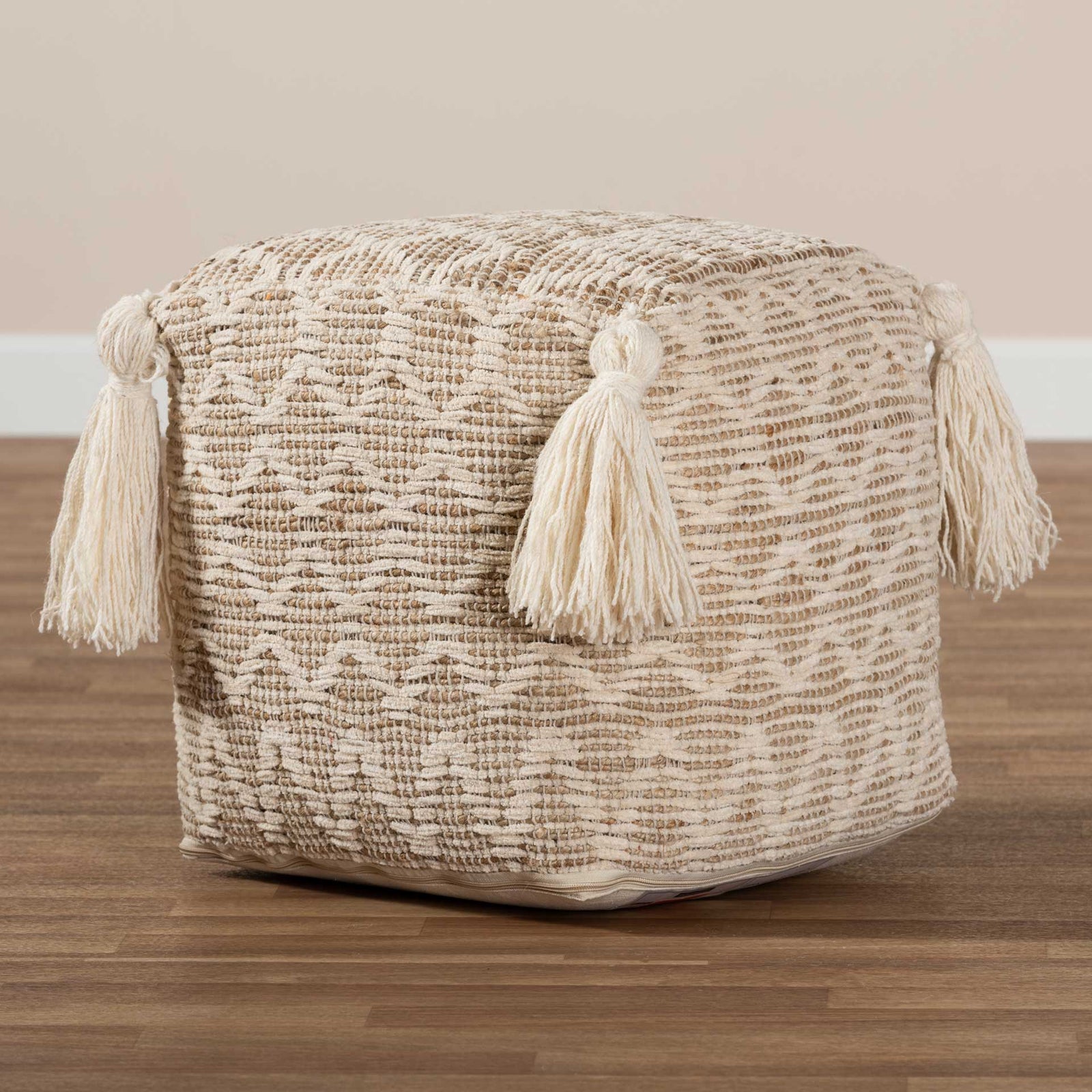 Noam Handwoven Cotton/Hemp Pouf Natural/Ivory