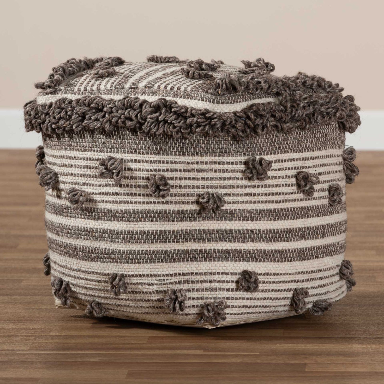 Elaina Handwoven Wool Pouf Ivory/Brown