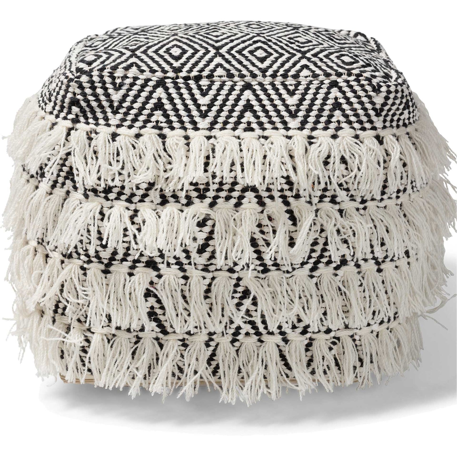 Allison Handwoven Wool Tassel Pouf Black/Ivory