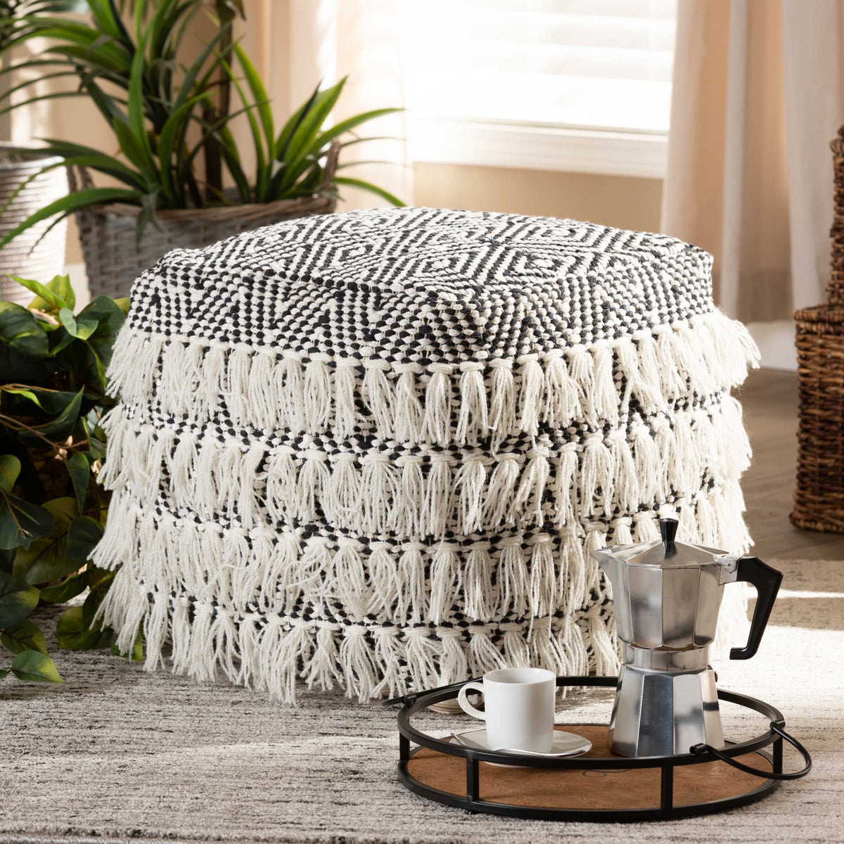 Allison Handwoven Wool Tassel Pouf Black/Ivory