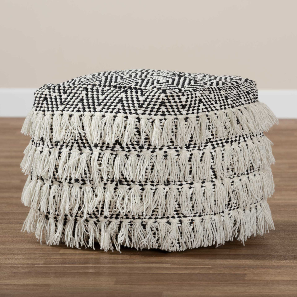 Allison Handwoven Wool Tassel Pouf Black/Ivory