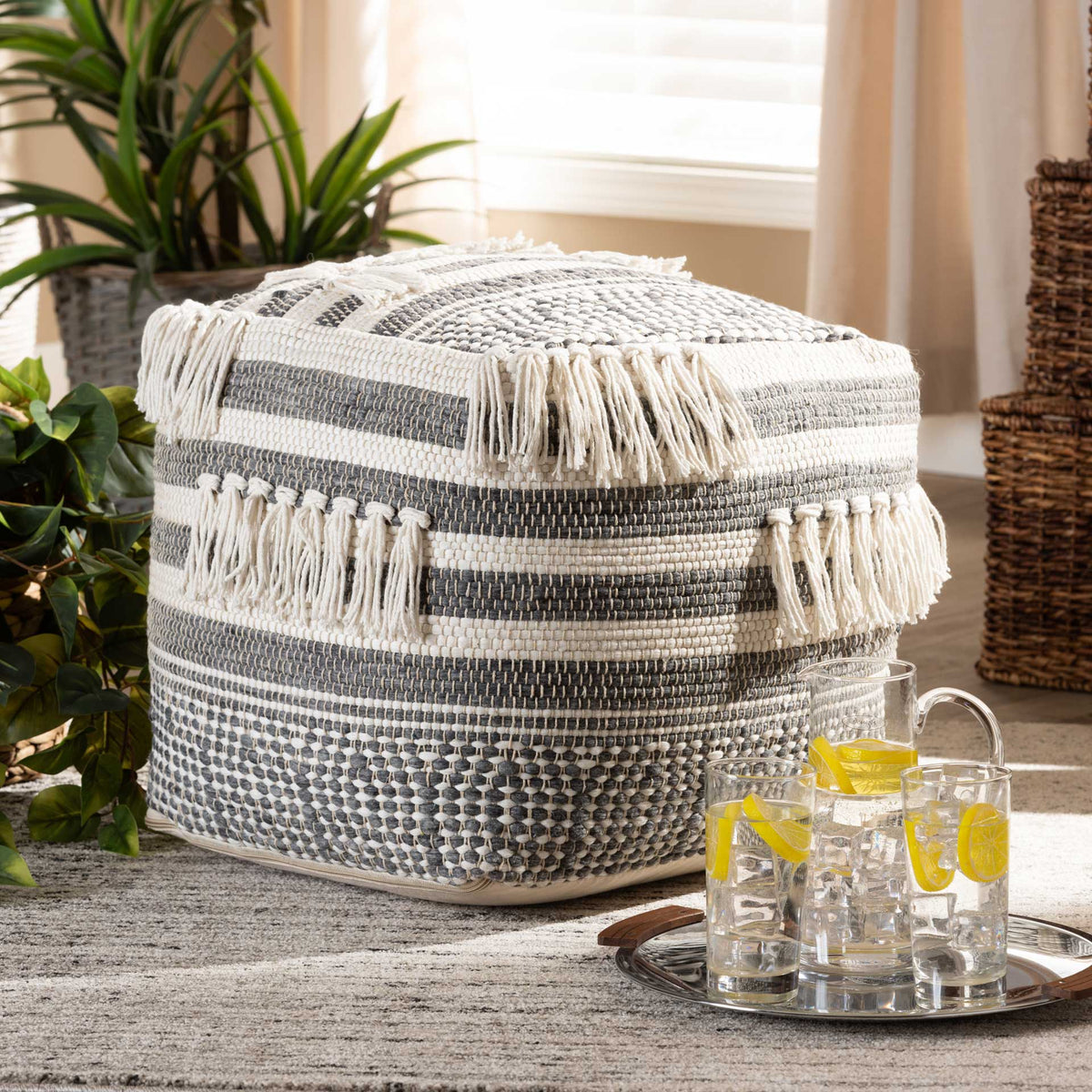 Kiam Handwoven Cotton Pouf Gray/Ivory