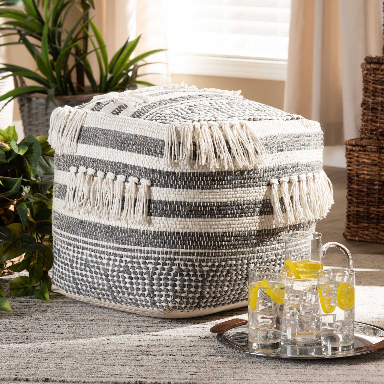 Kiam Handwoven Cotton Pouf Gray/Ivory