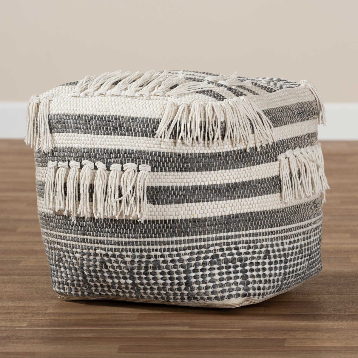Kiam Handwoven Cotton Pouf Gray/Ivory
