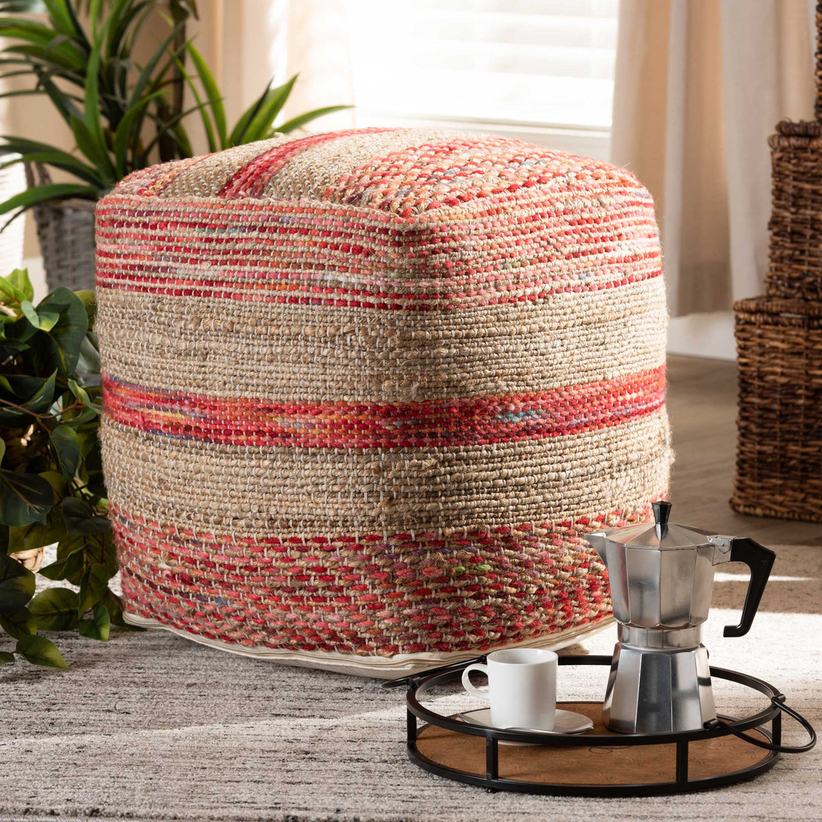 Camila Handwoven Hemp Pouf Multi/Natural