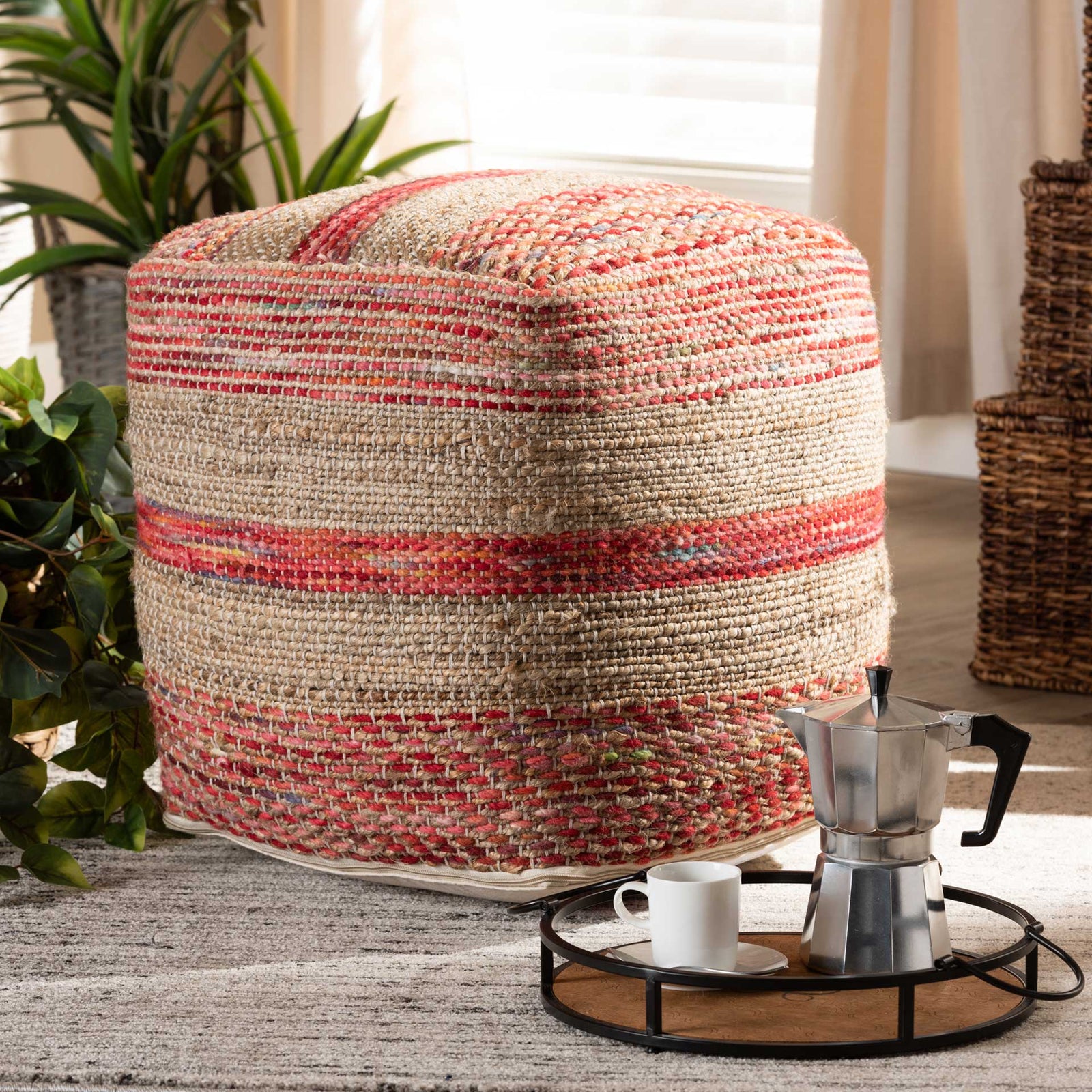 Camila Handwoven Hemp Pouf Multi/Natural