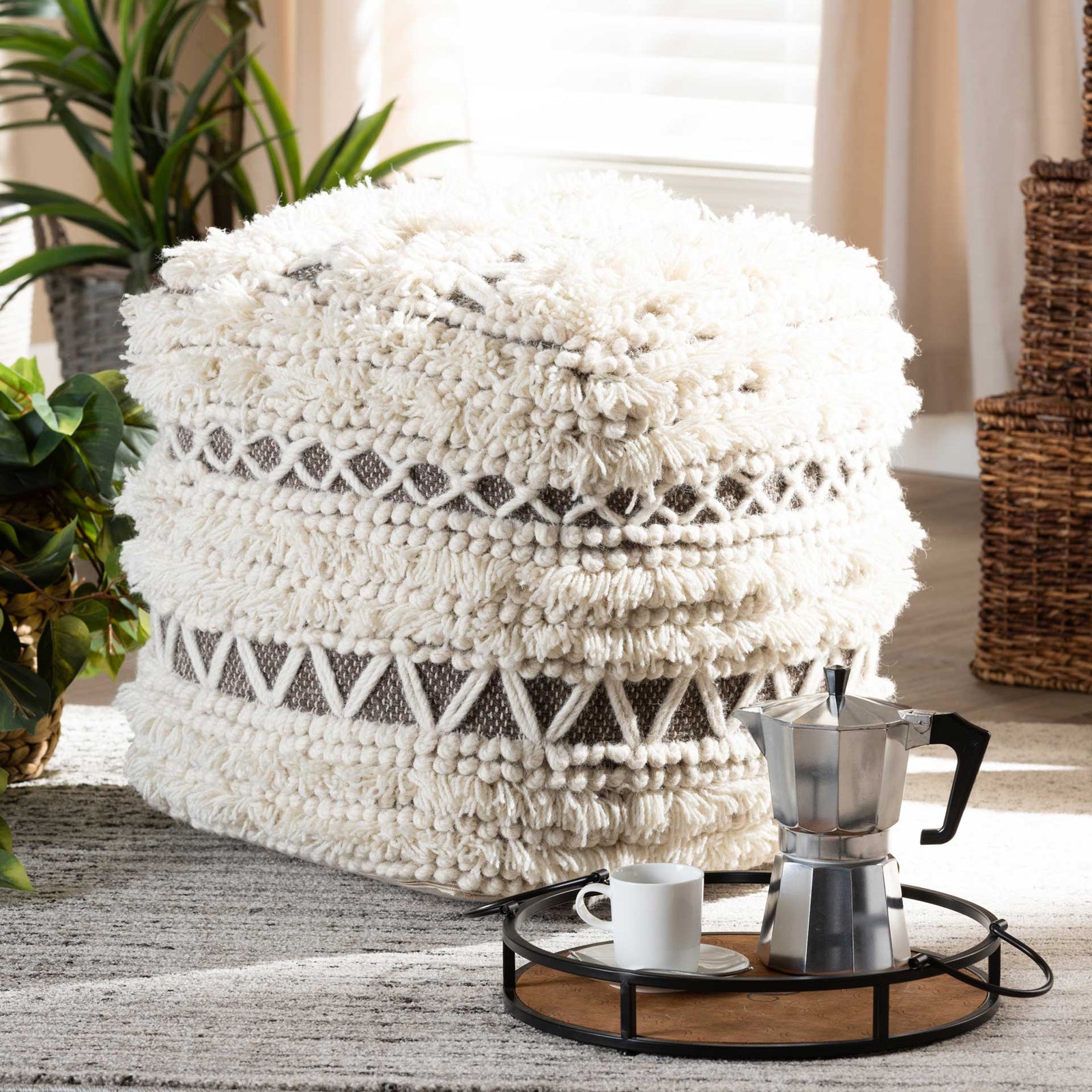 Velina Handwoven Wool Pouf Beige/Brown