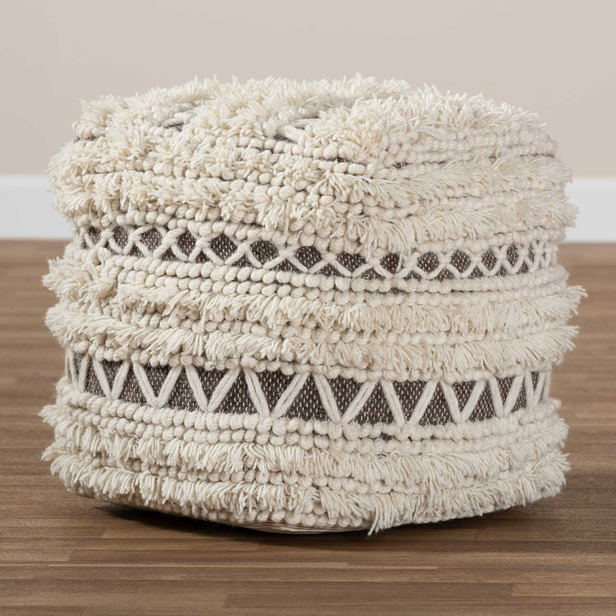 Velina Handwoven Wool Pouf Beige/Brown