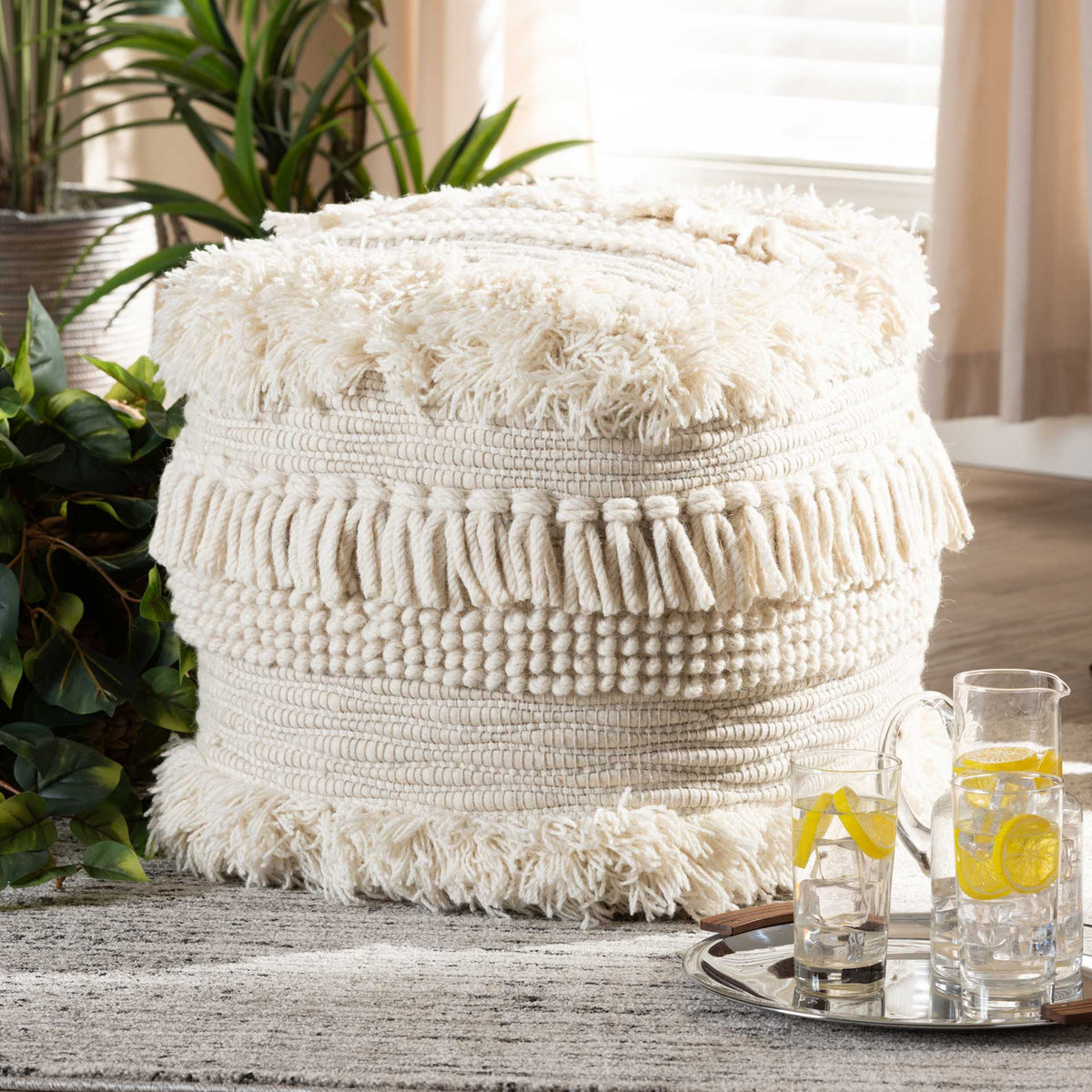 Bailey Handwoven Cotton Pouf Beige