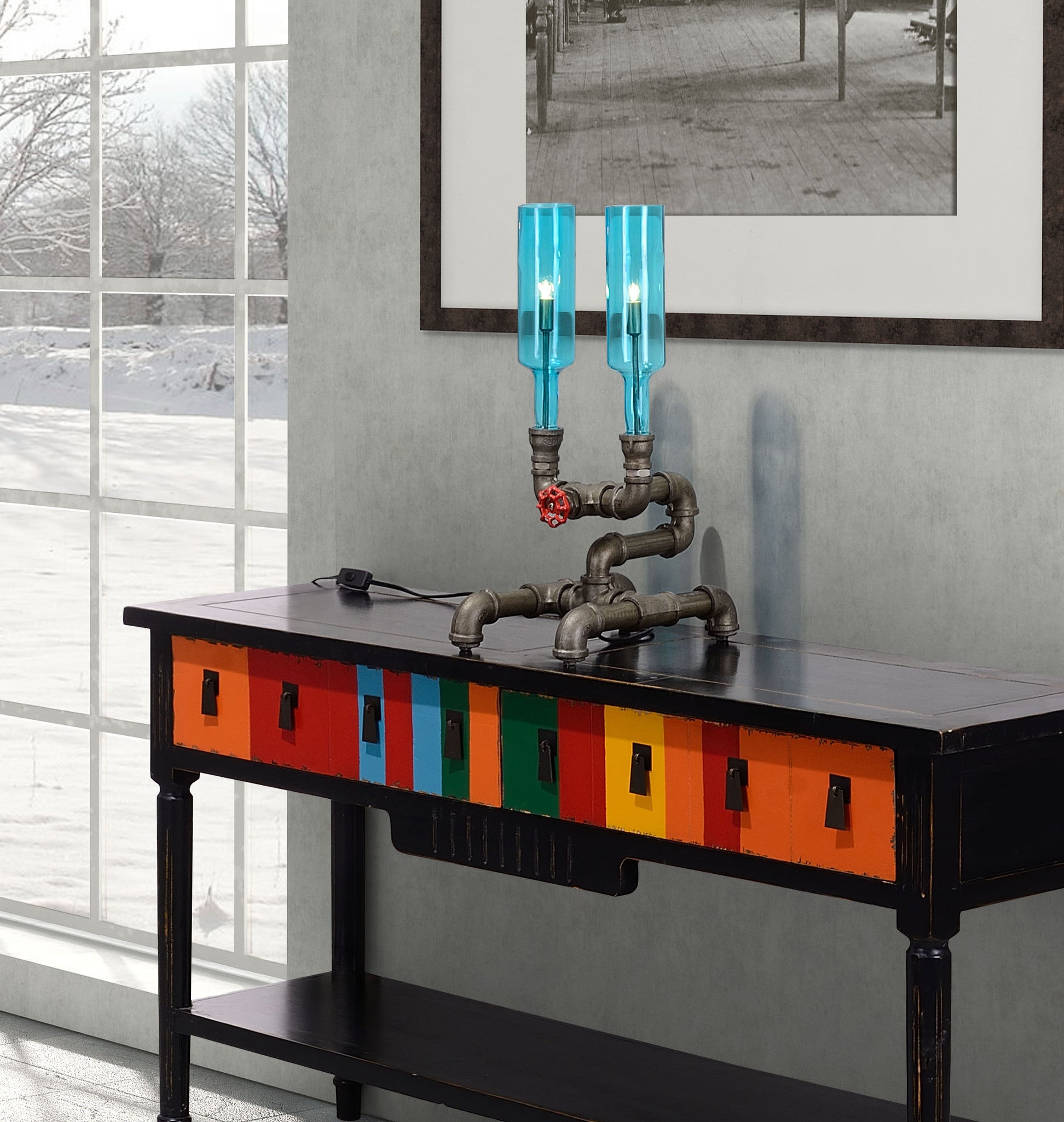 Planar Table Lamp Brass & Blue Glass