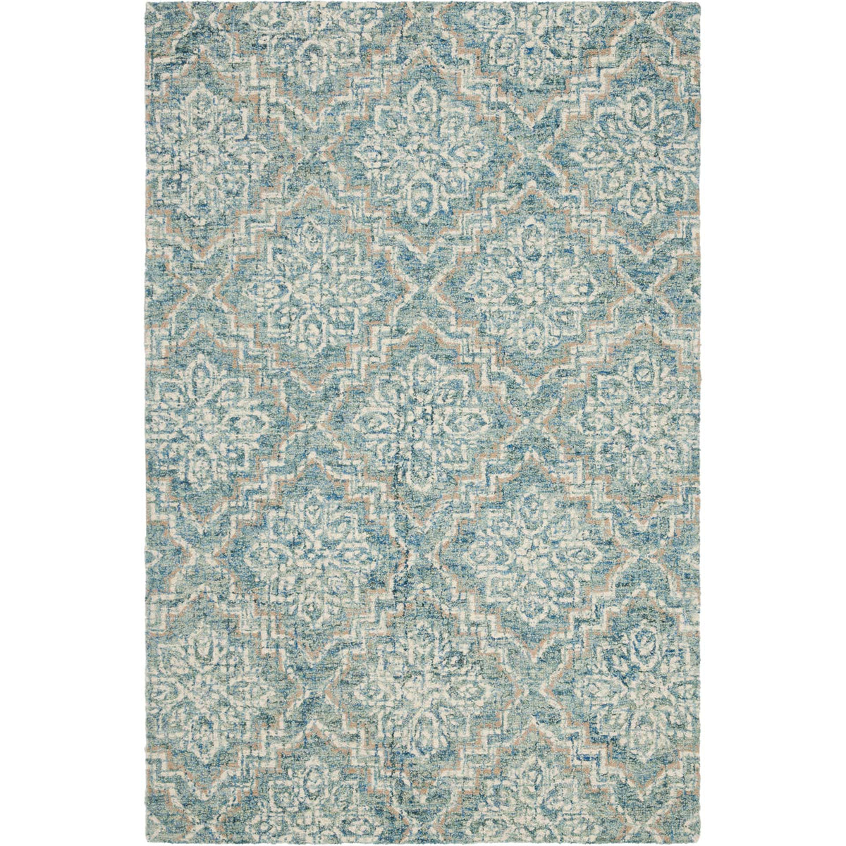 A compact blue and gray wool rug features a dense, repeating floral pattern with warm accents.