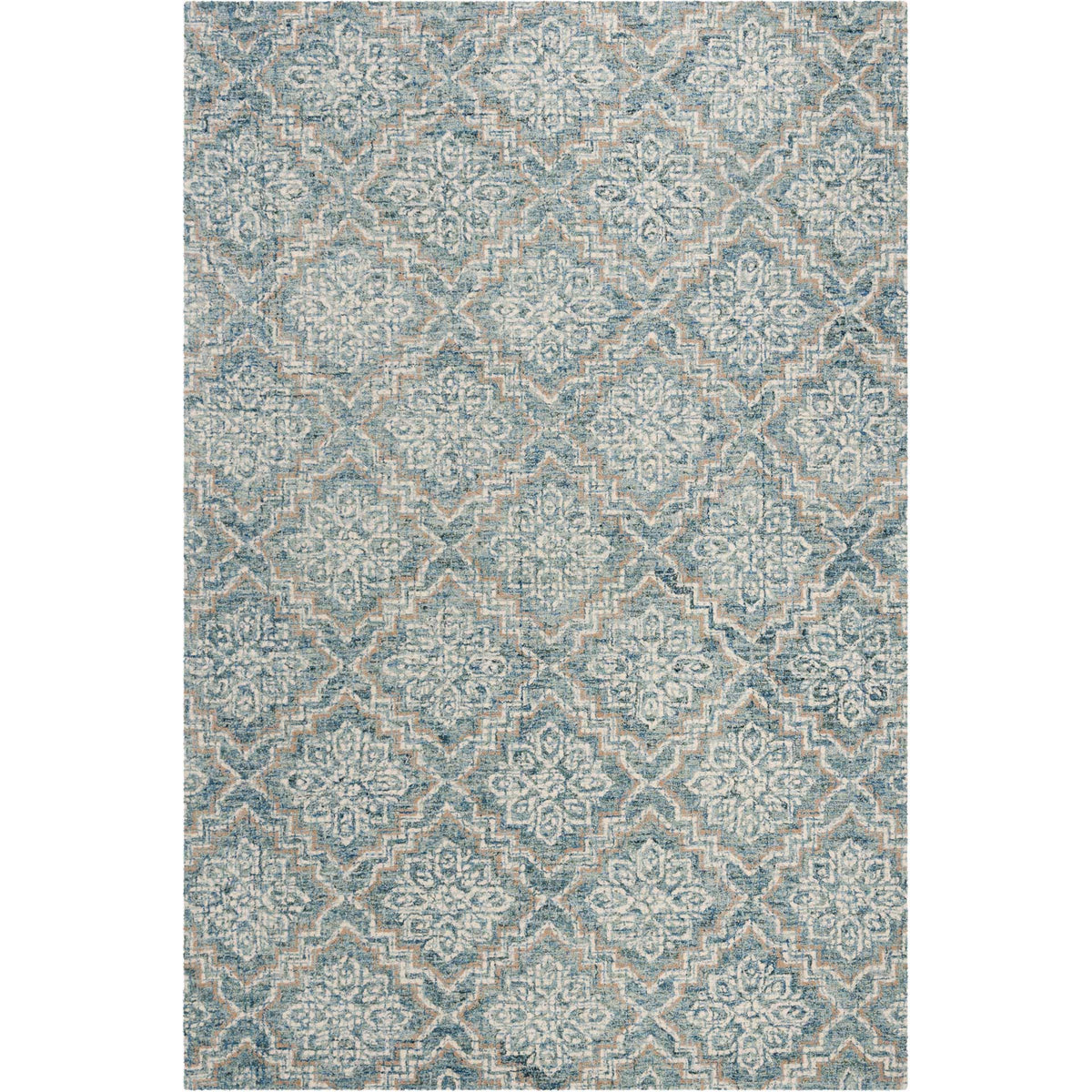 Intricate floral motifs repeat across this wool rug in muted blue, gray, and ivory tones.