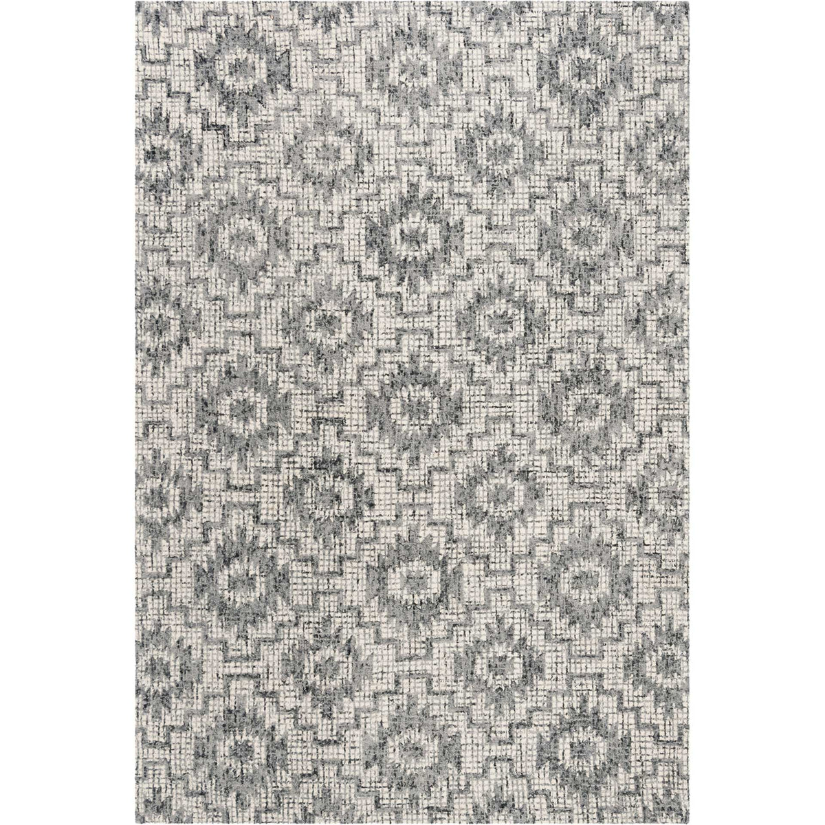 Hand-tufted ivory wool rug with staggered dark gray medallions and a distressed texture