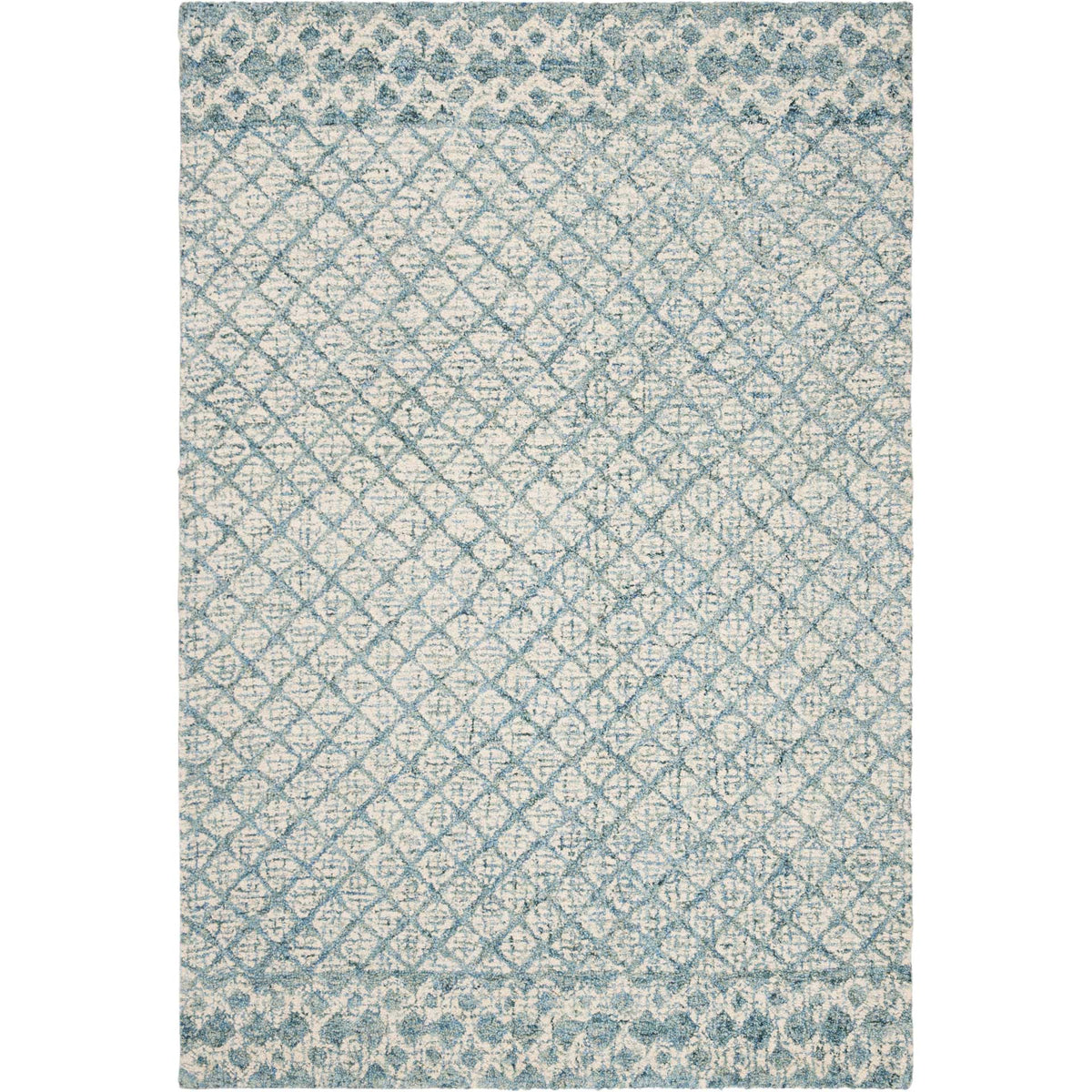 Faded blue motifs and an intricate diamond lattice add subtle character to this ivory wool rug.