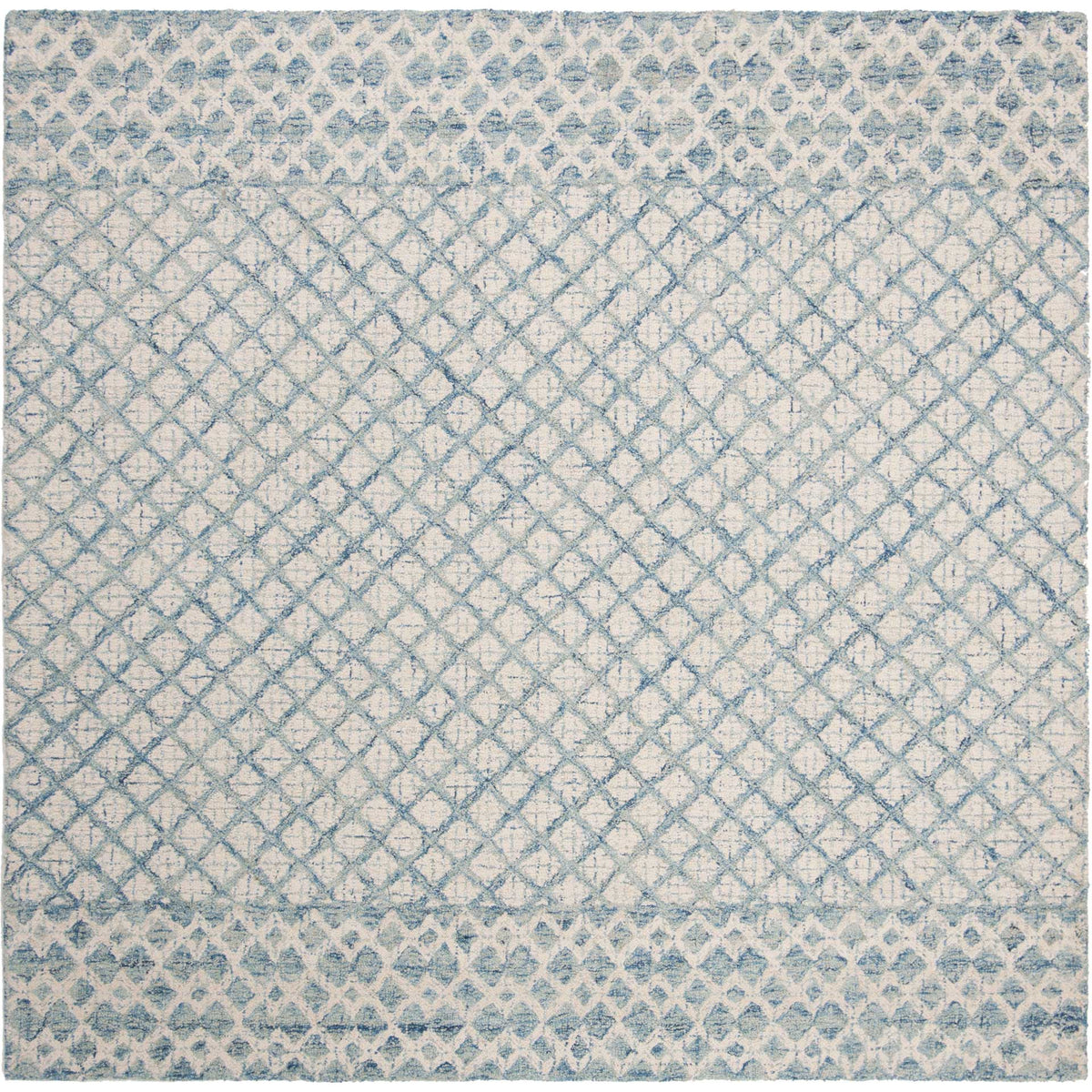 This square wool rug pairs an airy blue trellis with ivory tones and richly patterned edges.