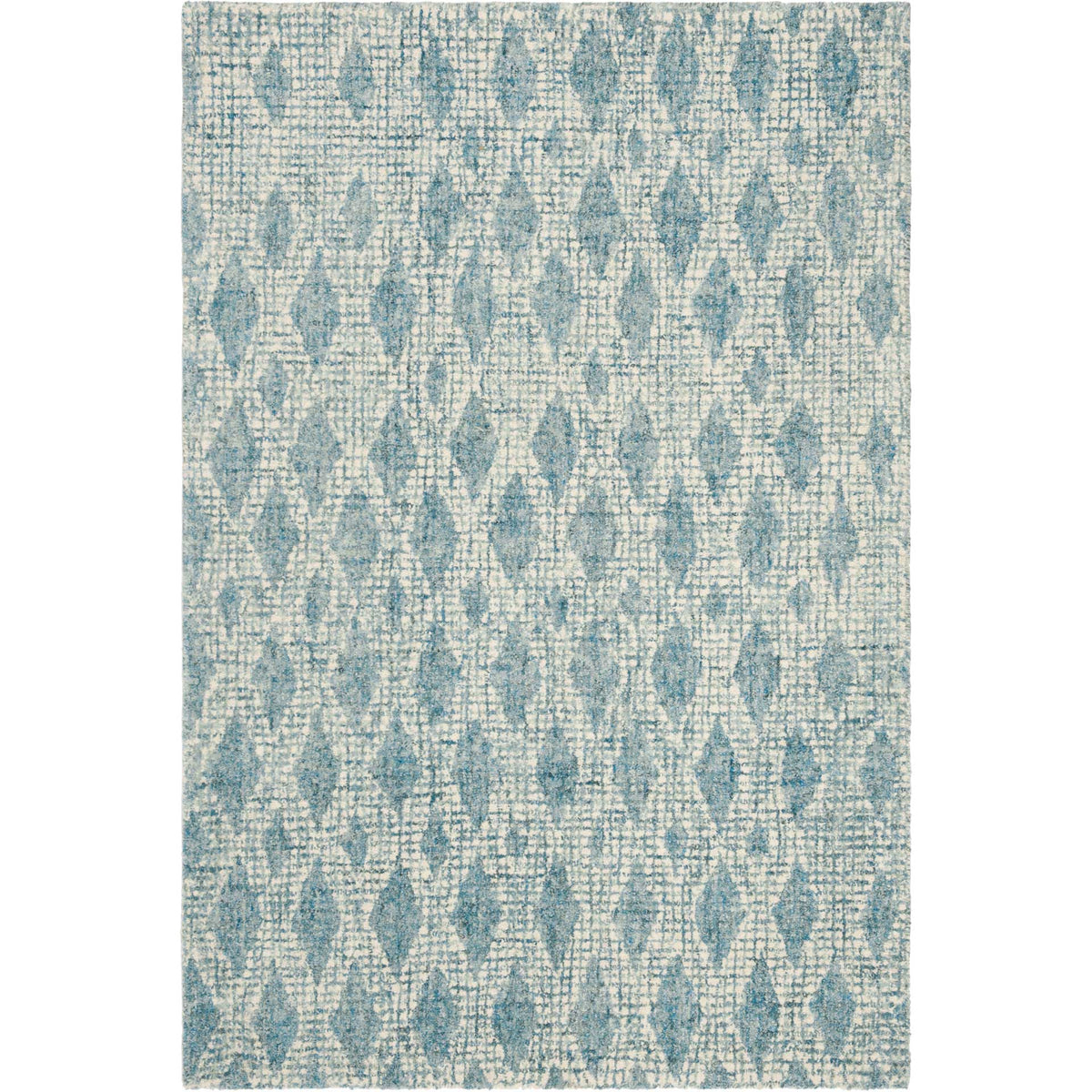Ivory and blue wool rug with repeating diamond motifs and a subtly distressed texture