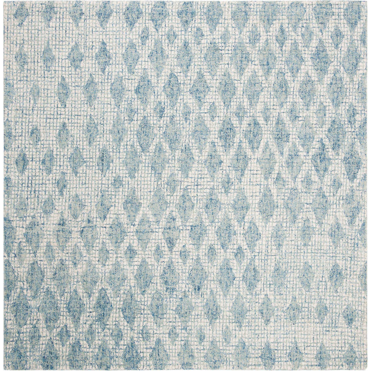 Square ivory and blue wool rug with a washed geometric pattern and a plush feel