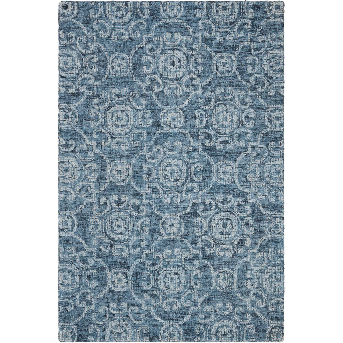 Tonal blue wool rug with repeating circular medallions and scrolling accents