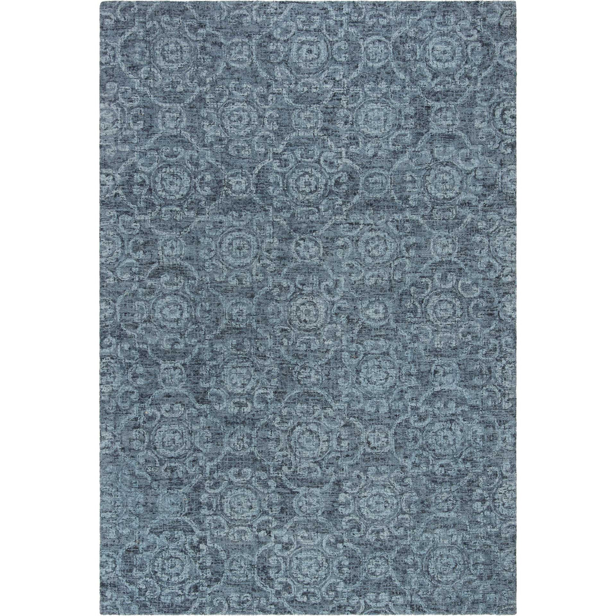 Blue wool area rug with densely arranged medallions in a softly faded pattern