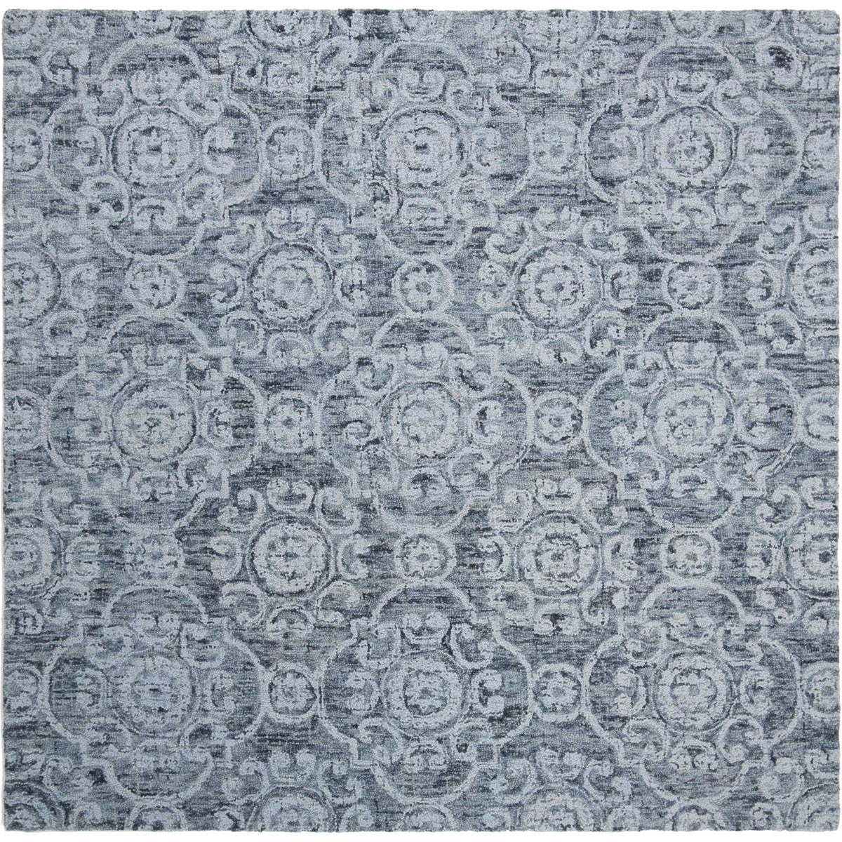 Square blue wool rug with prominent floral medallions and a mottled finish