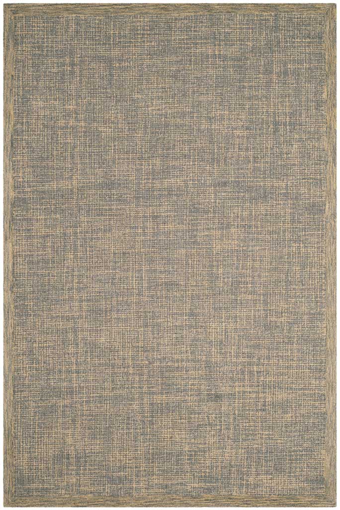 Hand-tufted gray rug is flecked with warm gold accents and finished with a subtle border.