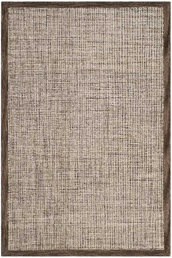 Compact brown and ivory rug pairs dense flecking with a dark contrasting border.