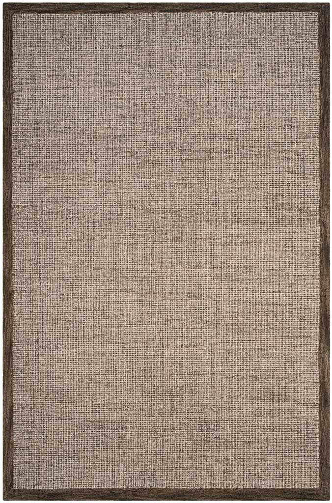 Brown-framed ivory wool rug brings understated texture to a rectangular design.