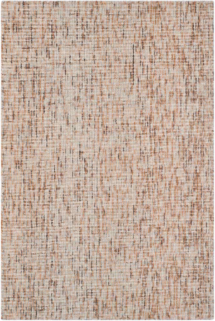 This rectangular wool rug layers beige and rust tones in an understated abstract design.