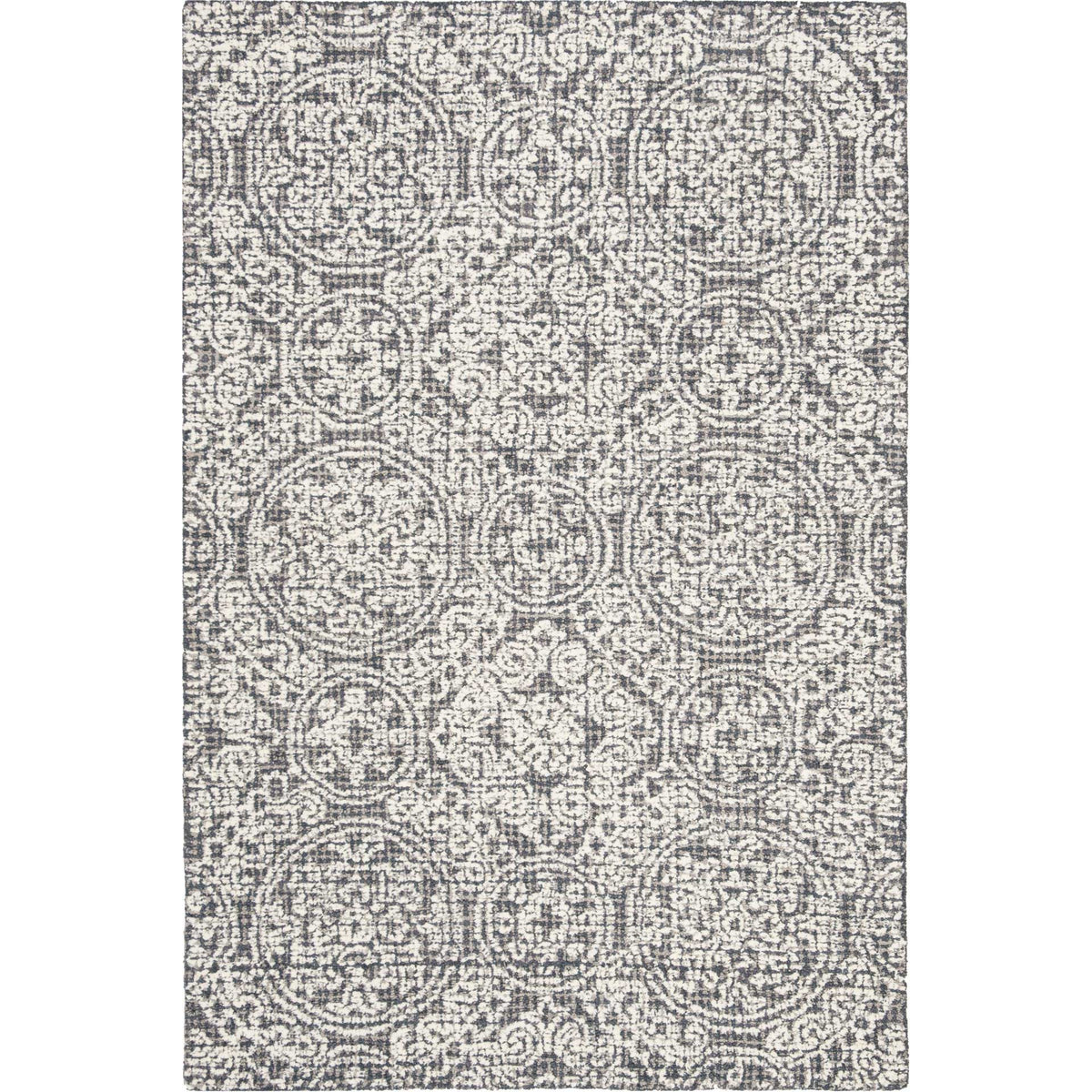 Compact gray and ivory wool rug features a dense pattern of circular medallions and scrolling blooms.