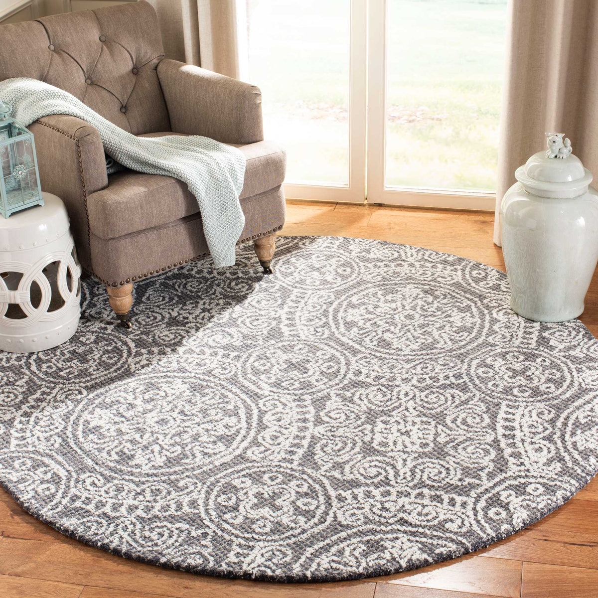 Ornate gray and ivory medallions bring soft pattern and warmth to a living space.