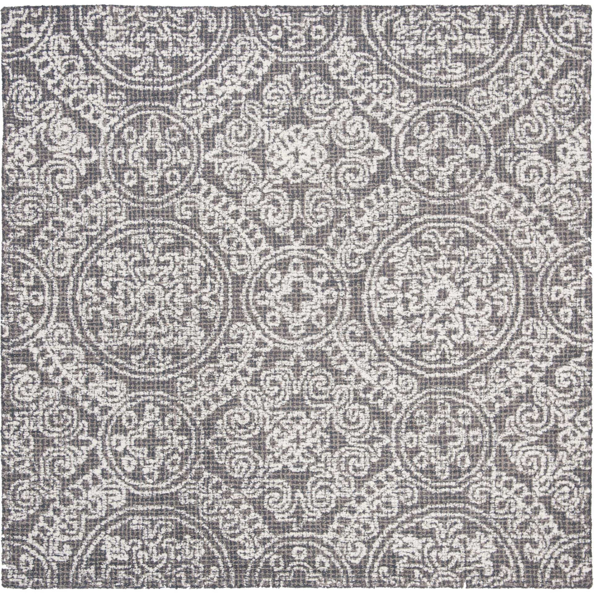 Square wool rug features gray medallions and floral scrollwork on an ivory ground.