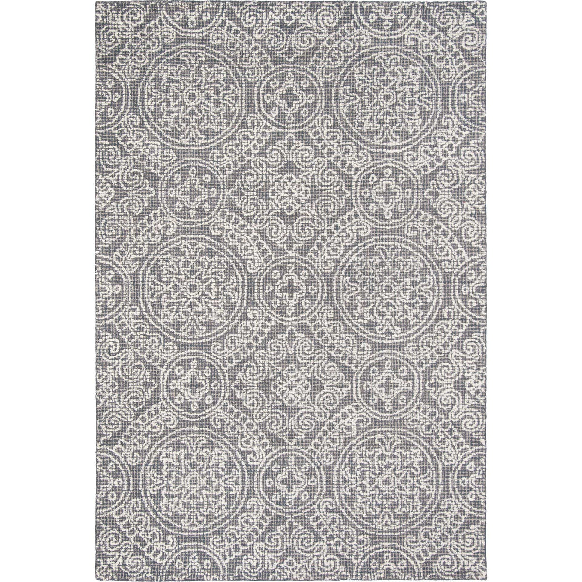 Gray and ivory wool rug blends ornate round medallions with delicate scrolling motifs. || ABT522A-6 || top_studio