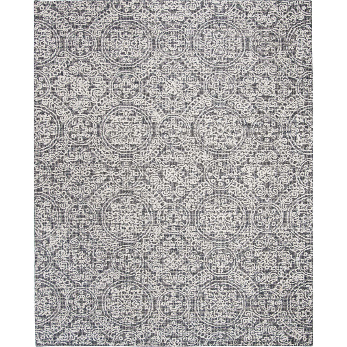 Generously sized wool rug pairs gray and ivory tones with repeating medallions and floral scrollwork. || ABT522A-9 || top_studio