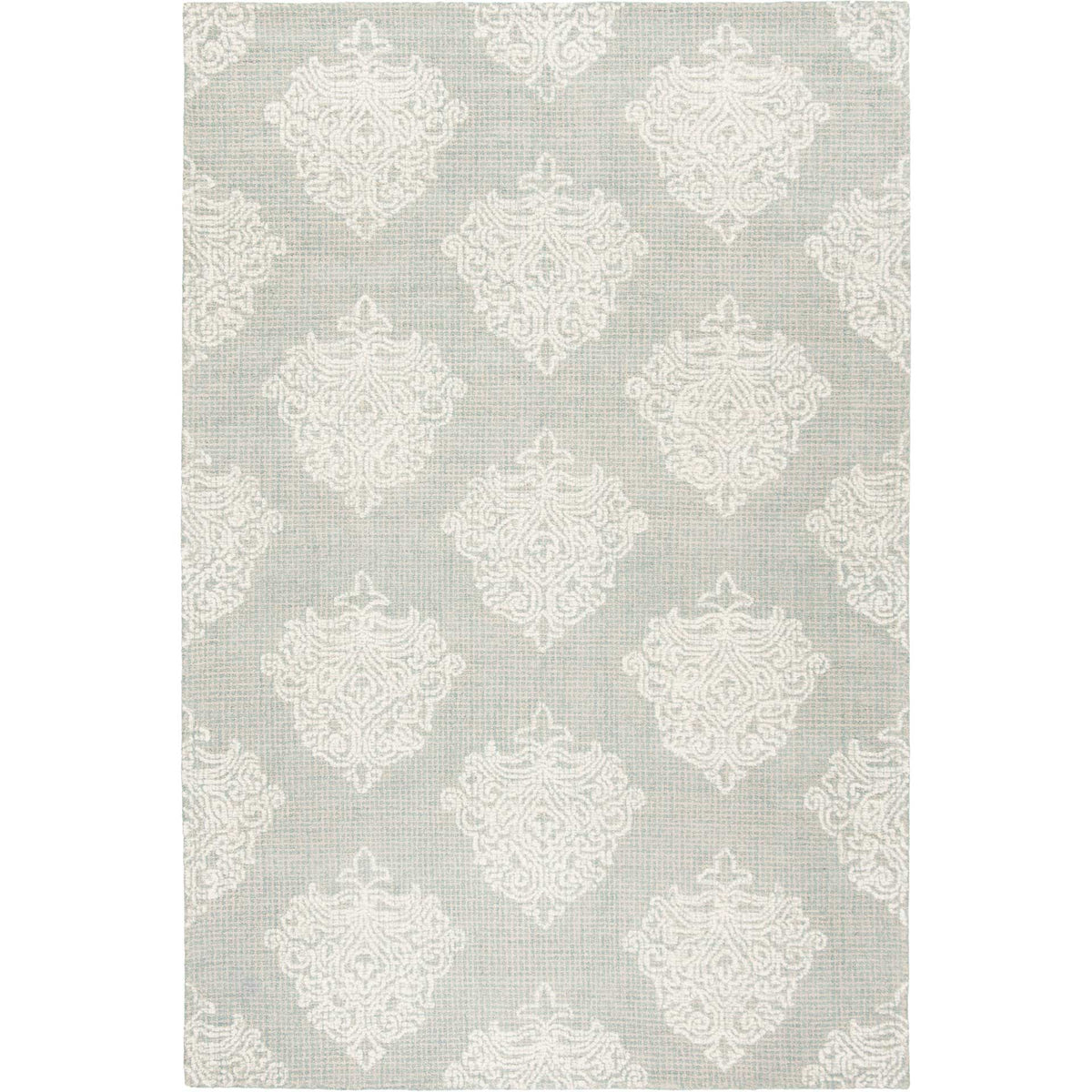 Rectangular aqua and ivory rug with ornate medallions repeated across its soft wool pile.