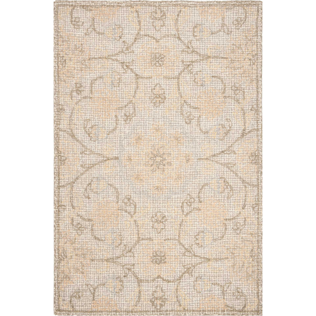 Pale wool rug with ornate vinework, soft floral accents, and an understated border