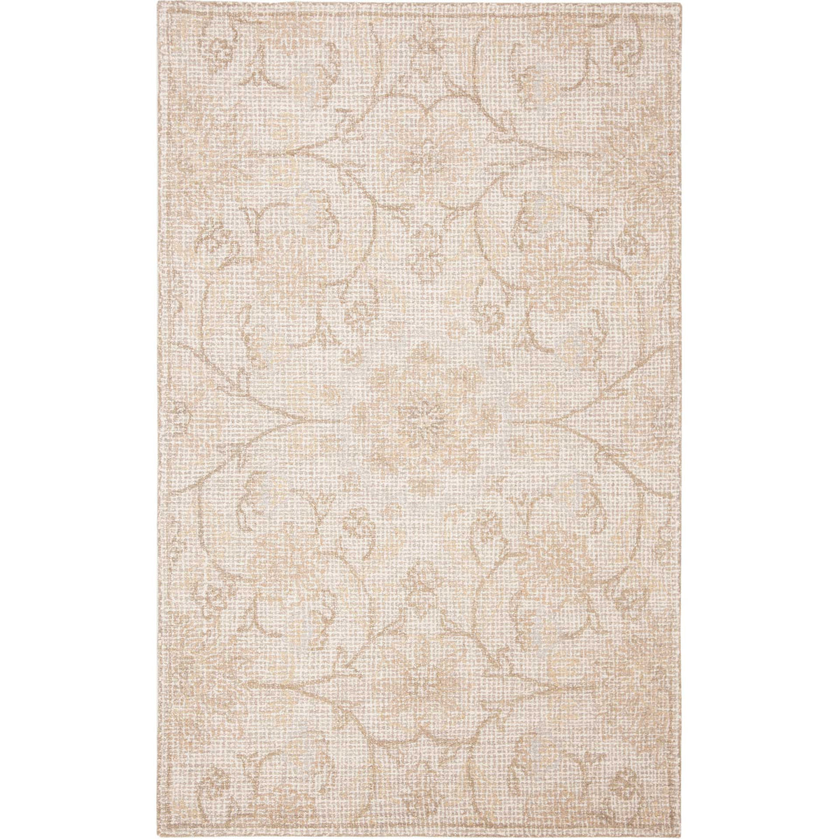 Light gray and ivory rug with subtle floral motifs, sweeping curves, and a slim border