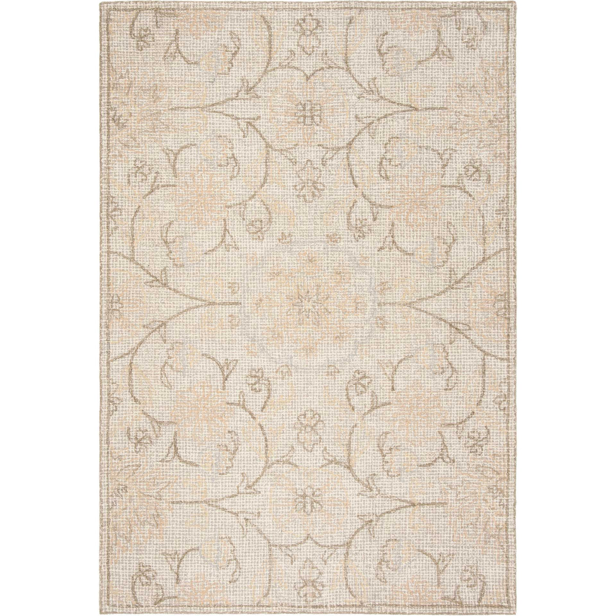 Hand-tufted wool rug with ivory tones and a balanced pattern of pale gray floral scrolls