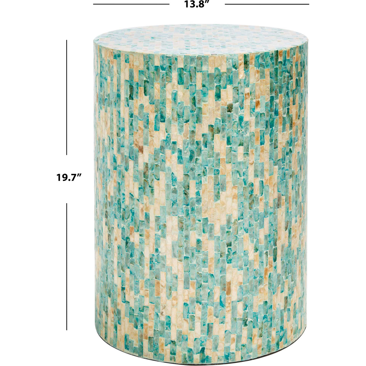 A compact mosaic accent table measures 13.8 inches across and stands 19.7 inches tall
